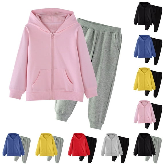 lcziwo Unisex Teen Kids Jogger Sweatsuit Set Kids Solid Long Sleeve Full Zip Hoodies and Joggers Sweatpants 2 Piece Outfits, Yellow, 9-10 Years