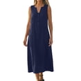 thumbnail image 1 of lcziwo V Neck Dresses for Women Flowy Cotton Linen Sleeveless Tank Dress Solid Color Loose Summer Beach Sundresses Navy XXL, 1 of 7