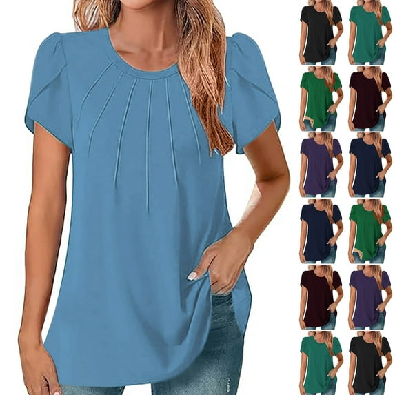 lcziwo Vacation Sale, Womens Casual Dressy Shirts Summer Petal Short Sleeve Tees Shirts Solid Color Round Neck Blouse Fashion Pleated Tunics Vacation Tops Blue M