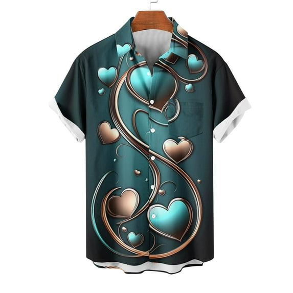 lcziwo Valentine's Day Button Down Shirts for Men Romantic Heart Print Short Sleeve Casual Beach Button Down Shirts Lightweight Holiday Party Shirt Navy XXXL