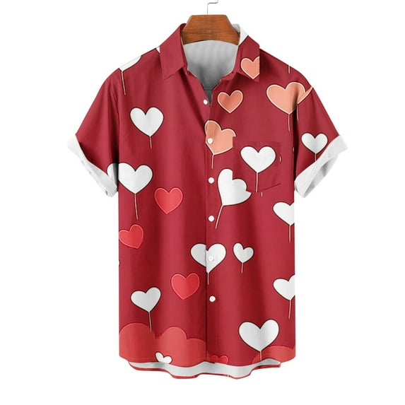lcziwo Valentine's Day Hawaiian Shirt for Men Short Sleeve Casual Button Down Shirts Vacation Dating Heart Print Tops Flash Sales of The Day Red XXXXL