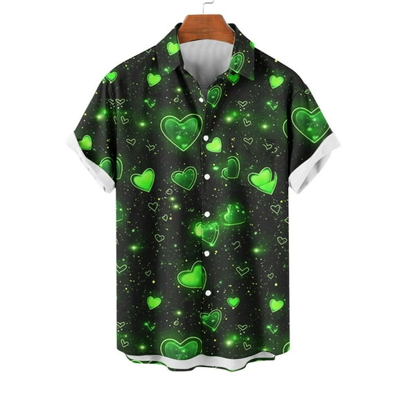 lcziwo Valentines Day Shirt for Men Short Sleeve Casual Button Down Shirts Romantic Heart Print Vacation Dating Top Summer Beach Shirt Green XL