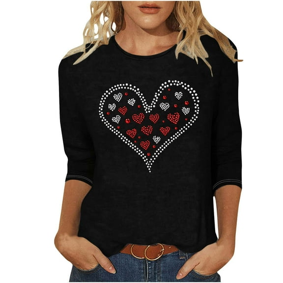 lcziwo Valentines Womens Tops 3/4 Sleeve Love Heart Graphic Tee Trendy Blouse Cute 3D Print Tunic Tops 2025 Black L