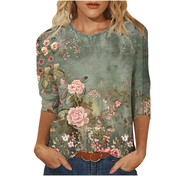 lcziwo Vintage Print Tees for Women 3/4 Length Sleeve Round Neck Shirts Funny Basic Tops Casual Trendy Summer 2025 Blouses Multicolor,XXXXL