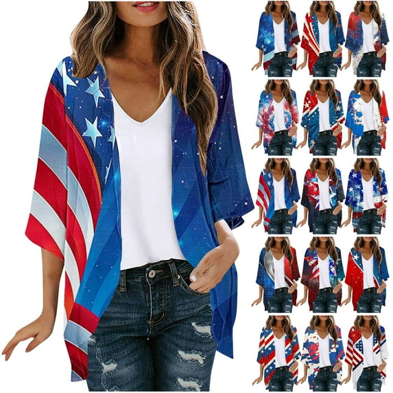 lcziwo Wamen Plus Size Shawl with Sleeves 4th of July American Flag Print Kimonos Cardigan Casual 3/4 Sleeve Cover Up Chiffon Cardigans Summer Tops Multicolor XXXXL Lightning Sales of Today