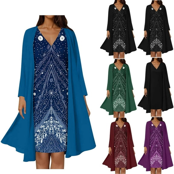 lcziwo Wedding Guest Dresses for Women Two Piece Sets Elegant Flowy Long Sleeve Chiffon Cardigans and Sleeveless V Neck Hem Dress Beach Outfits Army Green XXXL Sale of The Day