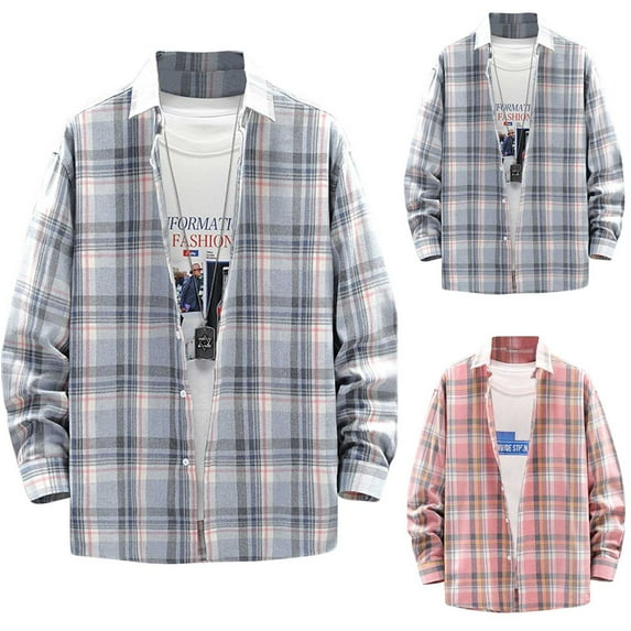 lcziwo Plaid Shirts for Men Plus Size Long Sleeve Button Down Shirt with Pockets Lightweight Casual Classic Checked Lapel Jacket,Pink,XL