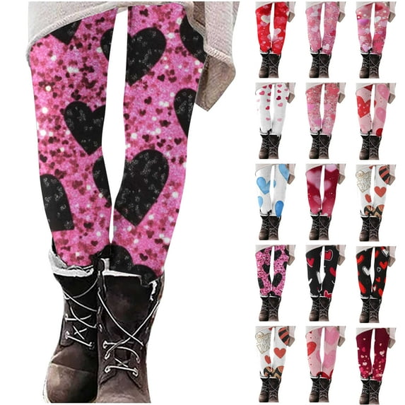 lcziwo Womens Valentine's Day Compression Leggings Gym High Waisted Workout Yoga Pants Fashion Heart Graphic Print Tights Multicolor S