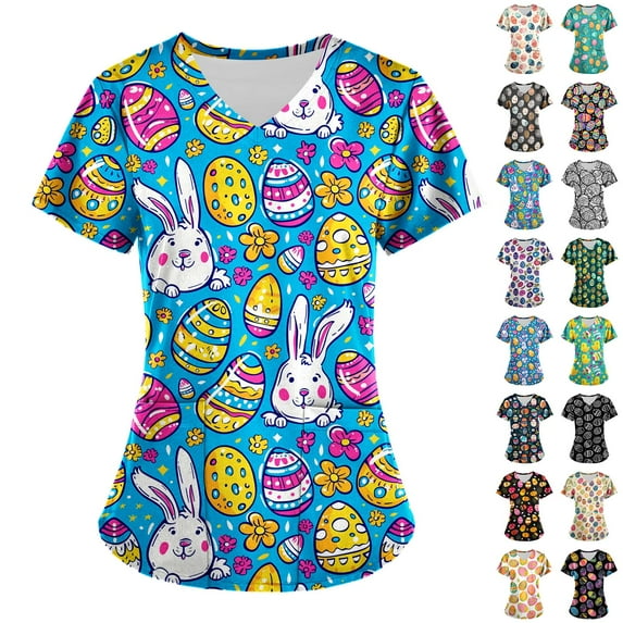 lcziwo Fall Savings Easter Scrub Tops for Women Casual V Neck Stretchy Nurse Working Uniform Cute Bunny Egg Print Short Sleeve Tshirts Holiday Outfits Multicolor L