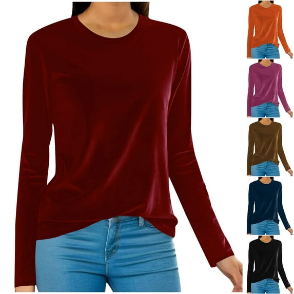 lcziwo Weekly Sale Gold Velvet Tops for Women Dressy Solid Color Long Sleeve Blouses Spring Elegant Casual Crew Neck Tunic Shirts 2025,Coffee,M
