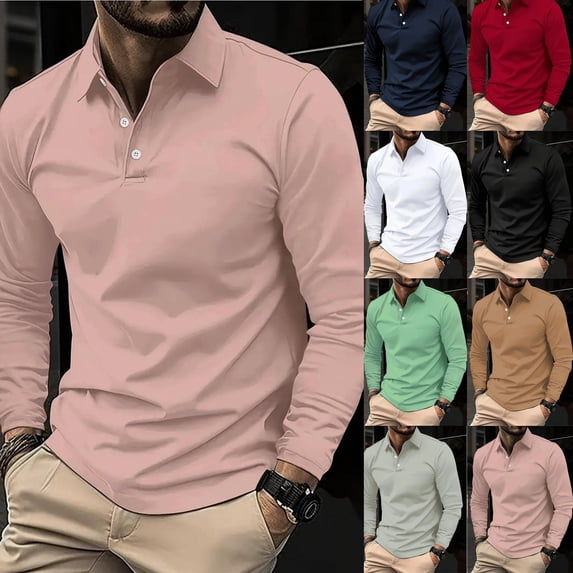 lcziwo Weekly Sale Golf Shirts for Men Fashion Long Sleeve Pullover Blouse Casual Button Lapel Polos Shirts Solid Color Slim Fit Workout Tops