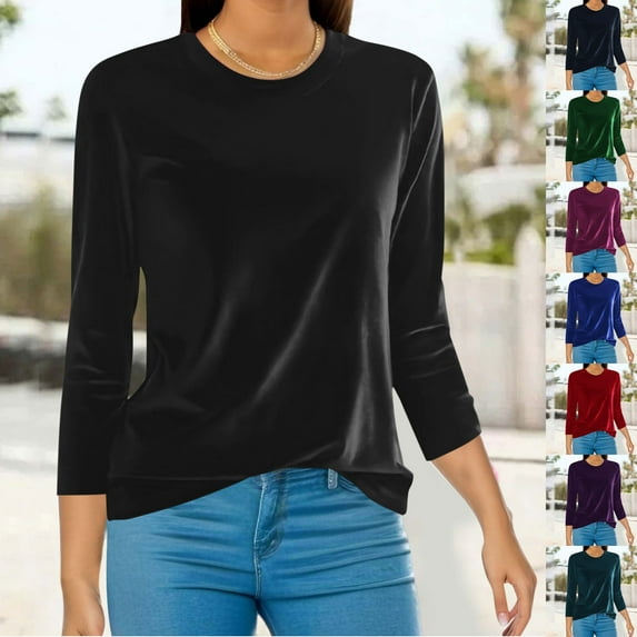 lcziwo Weekly Sale Womens Plus Size Velvet Tops Long Sleeve Casual Solid Color Blouses Vintage Lightweight Crew Neck Tee Shirts,Black,XXXL