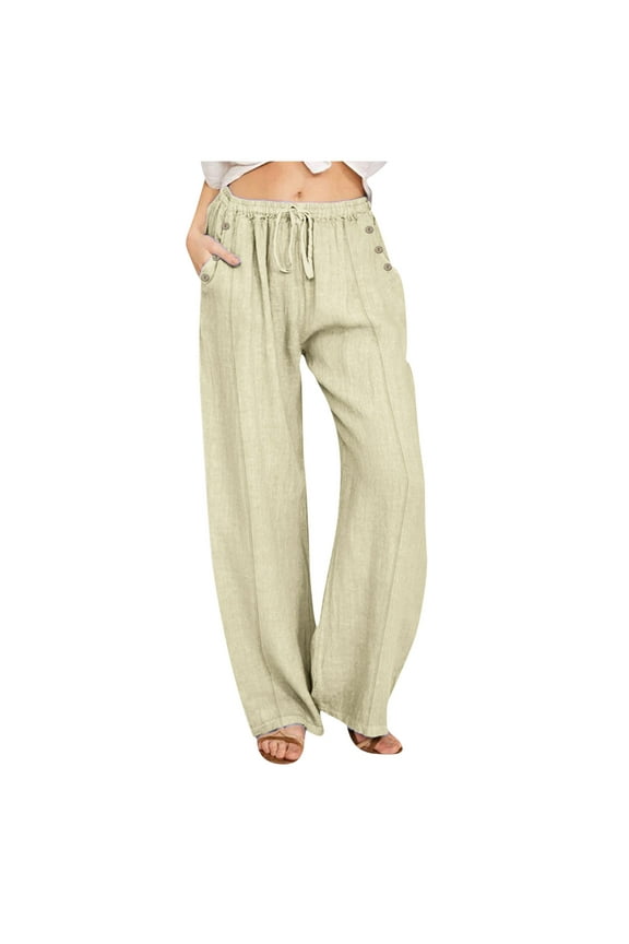 White Linen Pants Women High Waisted Drawstring Casual Summer 2025 Trousers Wide Leg with Pockets Loose Fit Pant Beige,S