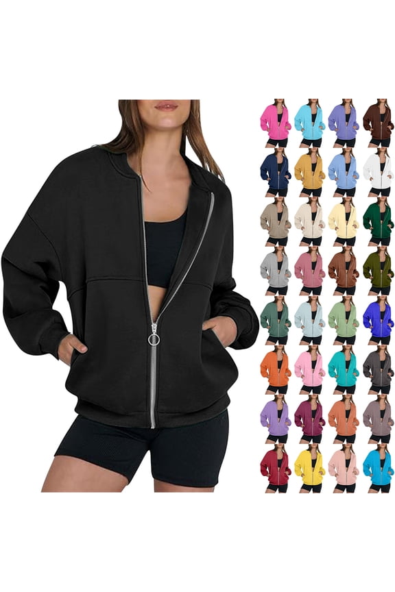 Winter Coats for Women Casual Loose Fit Zip Up Sweatshirt Solid Color Long Sleeve Bomber Jackets with Pockets Teen Girls Clothes, Black, XL