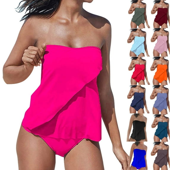 lcziwo Womens Bathing Suit Two Pieces Ruffled Bandeau Tankini Tops and Bikini Bottoms Solid Color Swimsuits Summer Beach Outfits Light Blue XXXXL