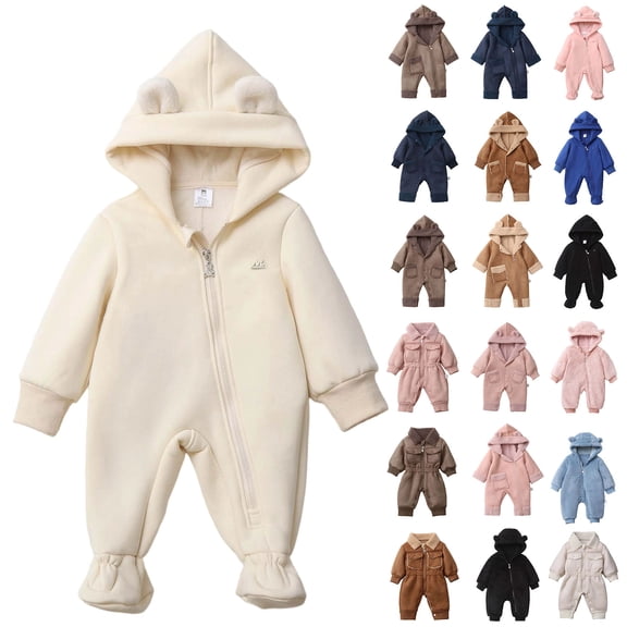 lcziwo Winter Warm Fleece Lined Jumpsuits Solid Casual Zip Up Lapel Romper Outdoor Long Sleeve Onesies Snowsuits Coffee