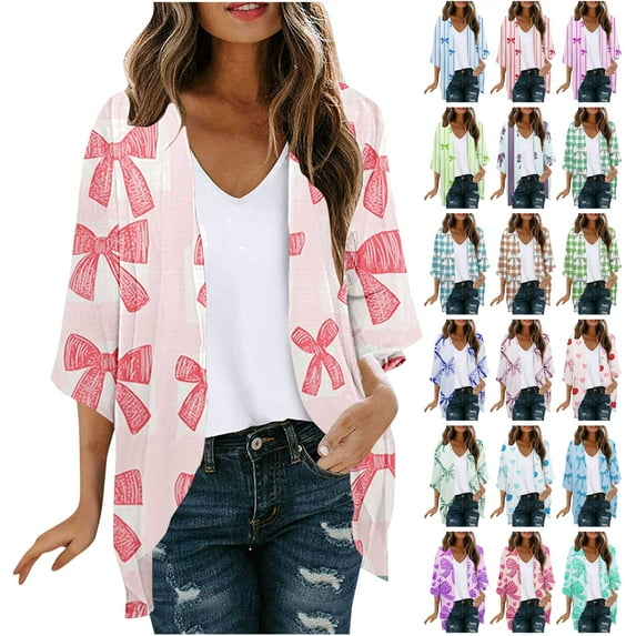 lcziwo Woman Blouses and Tops Summer Lightweight Chiffon Cardigans Trendy Floral Print Kimono Cardigan 3/4 Sleeve Coverups Shawl Beach Outfits Green L Today Prime Sales