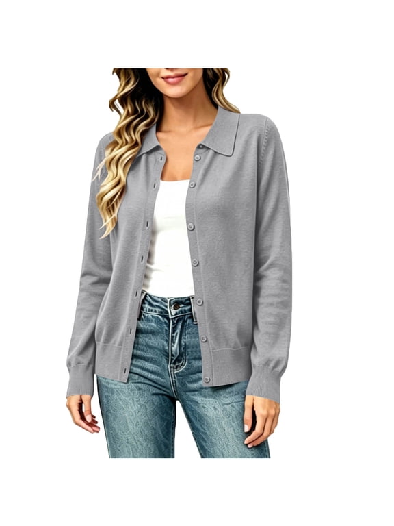 Women Knit Button Down Shirt Comfy Soft Collared Long Sleeve Shackets with Pockets Casual Solid Color Blouse 2026 Gray,M
