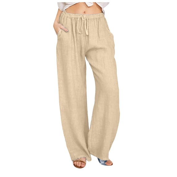 lcziwo Women Linen Palazzo Pants Summer Wide Leg Drawstring Elastic Waist Trousers with Pockets Loose Casual Dressy 2025 Pant Khaki,XXXL