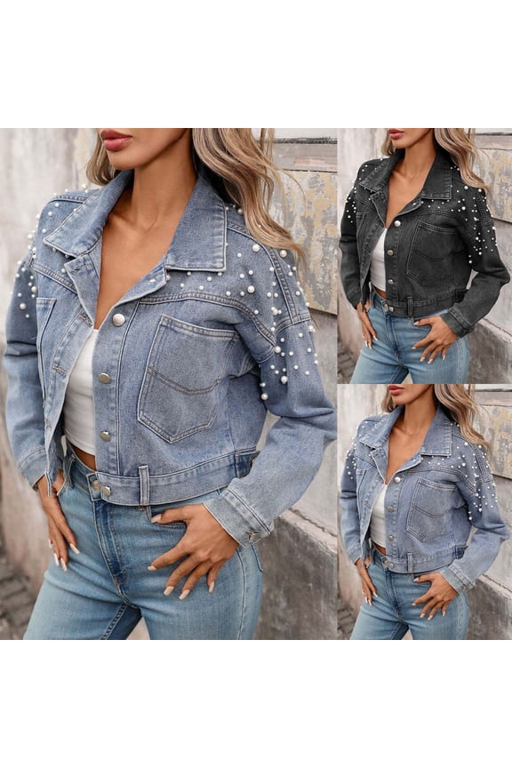 Women Long Sleeve Jacket Vintage Pearl Denim Jacket Solid Color Lapel Collar Jean Shacket with Chest Pockets Black XL