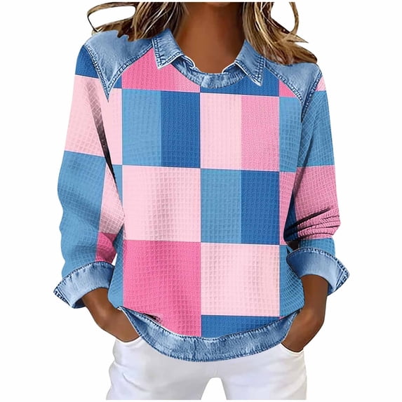lcziwo Women Patchwork Denim Shirt Waffle Knit Long Sleeve Tshirt Loose Casual Color Block Regular Fit Blouse Pink M