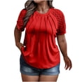 thumbnail image 1 of lcziwo Women Plus Size Summer Tops Lace Short Sleeve Front Pleated Top for Women Crew Neck Blouse Casual Basic Tunic 2026 Red,XXXXL, 1 of 6