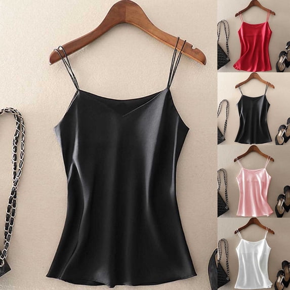 lcziwo Women Solid Color Camisole Satin Summer Holiday Sleeveless Tank Top Plus Size Loose Spaghetti Strap V Neck Camisole Red XXL