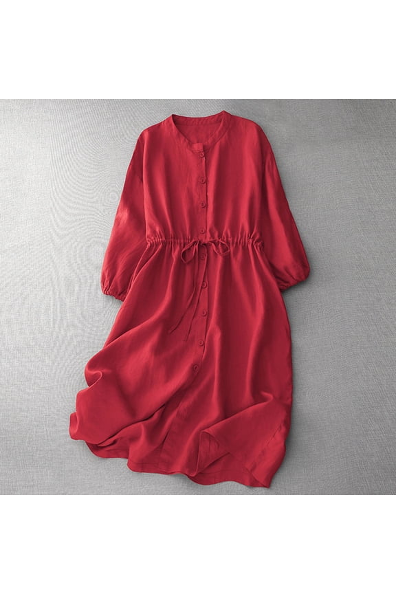 Women Solid Color Dress Summer Long Sleeve Dresses Loose Button Down Midi Dress Lace Up Shirt Dress Red M