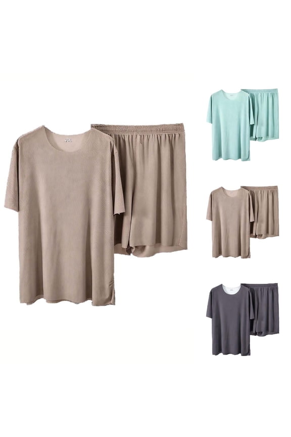 Women Solid Color Pajamas Casual Plus Size 2 Piece Set Round Neck Short Sleeve Shirt and Elastic Waist Short Loungewear Khaki XXXXL