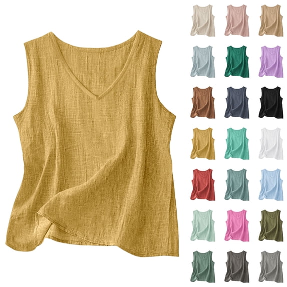 lcziwo Women Solid Color Tank Top Linen Comfy Sleeveless Camisole Loose Summer Holiday V Neck Undershirt Going Out Tops Dark Gray L