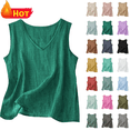 thumbnail image 1 of lcziwo Women Solid Color Tank Top Linen Breathable Sleeveless Camisole Loose Summer Holiday V Neck Undershirt Going Out Tops Green M, 1 of 5