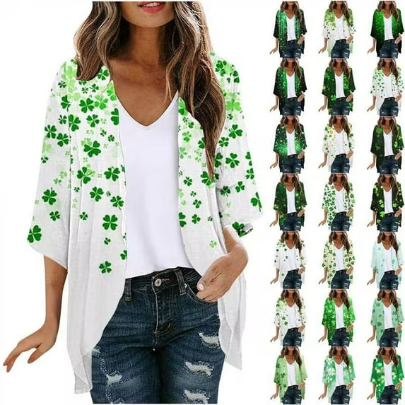 lcziwo Women St Patricks Day Cardigan Dressy Casual Irish Clover Lucky Shamrock St Pattys Day Outfits Lightweight Casual Holiday Cardigan Daily Deals,Multicolor,XL