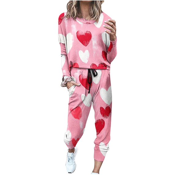lcziwo Women Two Piece Jogger Outfits Sets Plus Size Long Sleeve Crewneck Tops Matching Drawstring Pants with Pockets Sweatsuits Valentine's Day Love Heart Print Lounge Suits,Multicolor,XXXL