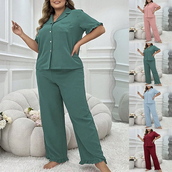 lcziwo Women Two Piece Set Plus Size Solid Color Pajamas Ruffle Short Sleeve Button Down Shirt and Pants Summer Nightgown Blue XXXL