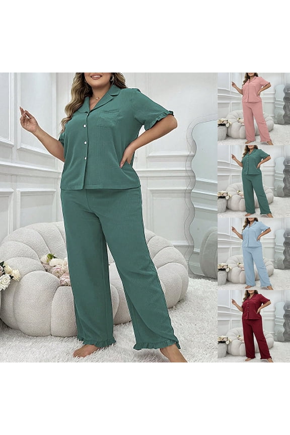 Women Two Piece Set Plus Size Solid Color Pajamas Ruffle Short Sleeve Button Down Shirt and Pants Summer Nightgown Green XL
