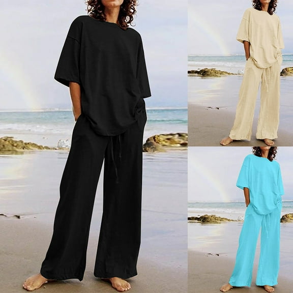 lcziwo Women's 2 Piece Outfits Casual Cotton Linen Sweatsuit Short Sleeve Round Neck Tops and Wide Leg Pants Matching Sets Plus Size Loungewear Sales of The Day Blue XXXXL