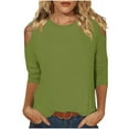 thumbnail image 1 of lcziwo Women's 3/4 Length Sleeve Summer Cold Shoulder Tops for Women Round Neck Solid Color T Shirts Elbow Sleeves Tunic Blouses 2025 Green,S, 1 of 6