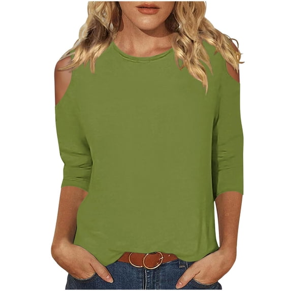 lcziwo Women's 3/4 Length Sleeve Summer Cold Shoulder Tops for Women Round Neck Solid Color T Shirts Elbow Sleeves Tunic Blouses 2025 Green,S