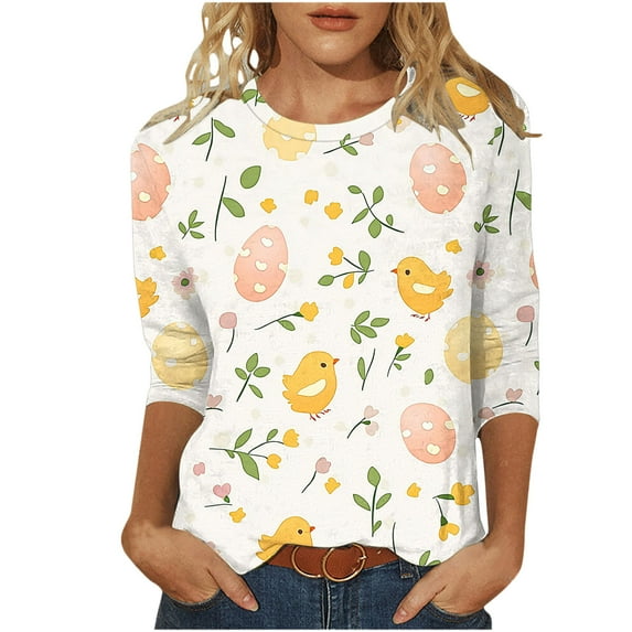 lcziwo Women's 3/4 Sleeve Easter Shirts Cute Floral Bunny Easter Eggs Graphic T Shirts Round Neck Casual Summer Blouses Outdoor 2025 Tops