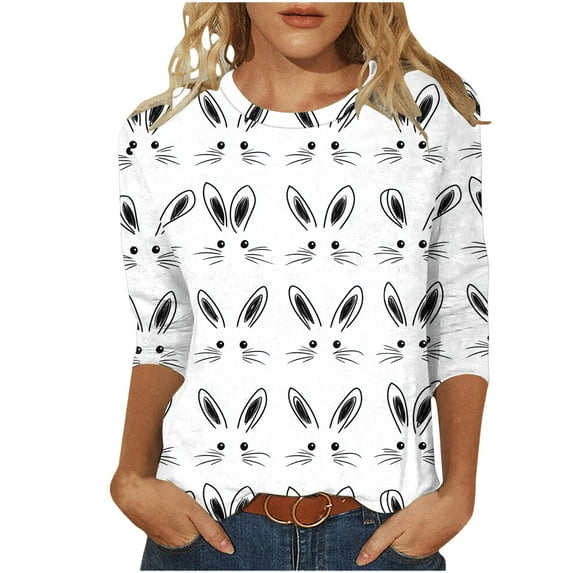 lcziwo Women's 3/4 Sleeve Easter Top Easter Eggs and Rabbit Bunny Print Tops Casual Dressy Summer 2025 Blouses Festival Comfortable Tees