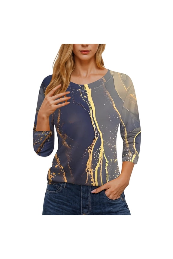 Women's 3/4 Sleeve Marble Print Shirt Round Neck Casual Fashion Tops Spring Summer Tunic Tees Basic Daily Cute Soft T Shirt 2025 Khaki,XXXXXL
