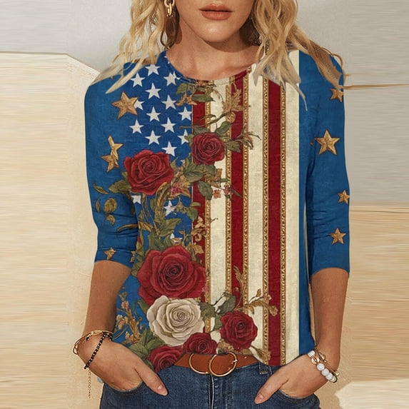 lcziwo Women's 3/4 Sleeve Tops Cotton Patriotic Basic Shirt Plus Size 4Th Of July Graphic Summer Family Blouse Multicolor S
