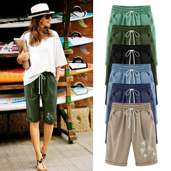lcziwo Women's Bermuda Shorts Elastic Waist Drawstring Knee Length Short Pants Casual Dandelions Print Summer Beach Shorts,Green,S