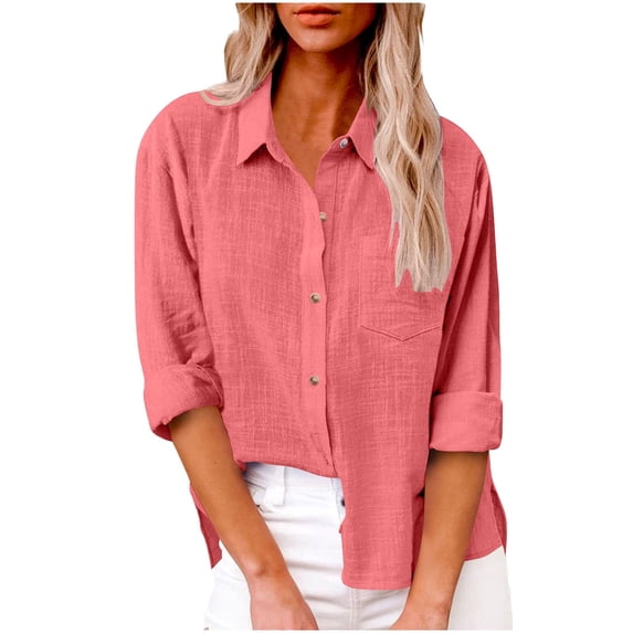 lcziwo Women's Button Down Shirts Plus Size Casual Cotton Linen Shirt with Pockets Collared Tops Work Long Sleeve Blouse 2026 Red,L