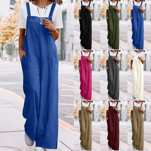 lcziwo Women's Casual Corduroy Overalls Baggy Adjustable Straps Wide Leg Jumpsuits Solid Color Bib Rompers with Pockets 2025 Fashion Clothes Gray M