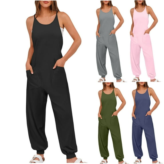 lcziwo Women's Casual Loose Jumpsuit Solid Color Sleeveless Straps Overalls Elastic Cinch Bottom Joggers One Piece Pants with Pockets for Yoga Workout Lightning Prime Today