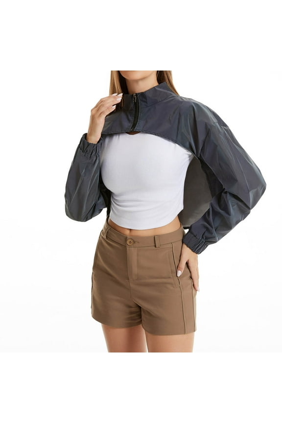 Women's Casual Rainbow Reflective Zipper Jacket Cut Out Front Long Sleeve Cropped Tops, Black, M