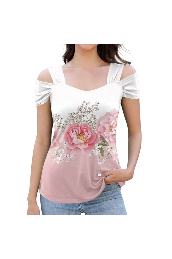 Women's Cold Shoulder Blouse Pleated Floral Print Tops Square Neck Short Sleeve Shirts Summer Casual Travel Shirt Pink S