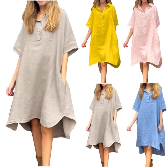 lcziwo Women's Cotton Linen Dress Breathable Short Sleeve Maxi Dress Solid Color Summer Casual Dresses with Pockets Green M