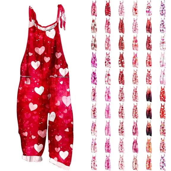 lcziwo Women's Cotton Linen Jumpsuits 2025 Valentines Day Print Overalls Sleeveless Loose Adjustable Strap Rompers Summer Casual Wide Leg One Piece Pants Multicolor L